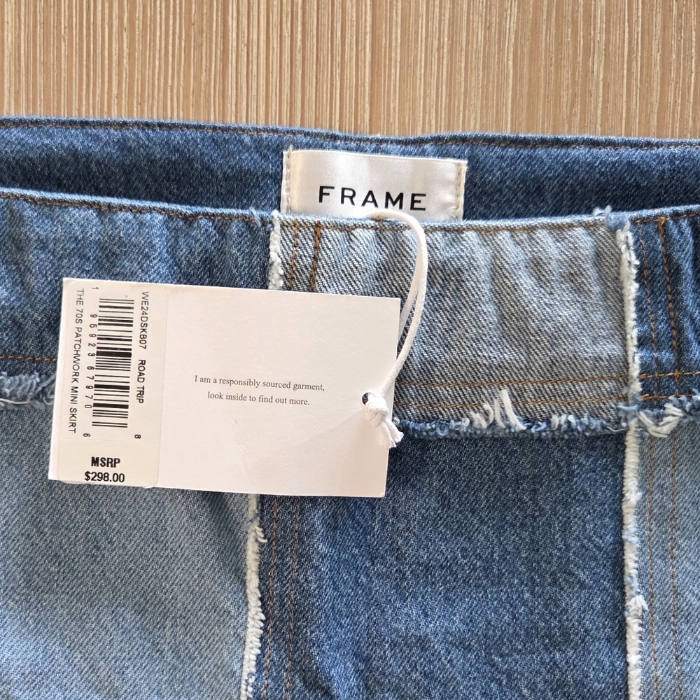 Frame The 70s Patchwork Blue Denim Mini Skirt Raw Hem Womens Size 8 - Picture 7 of 8